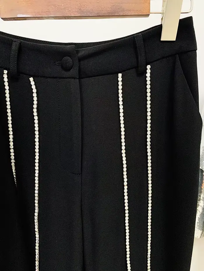 Ensemble blazer et pantalon évasé à revers perlé pour femme, bouton unique évidé, diamants, haute qu