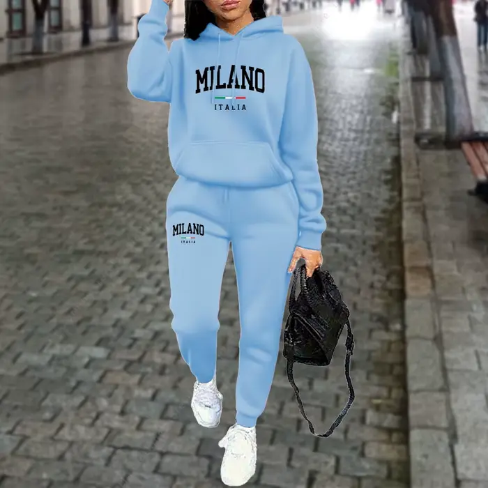 Ensemble 2 pièces pour femmes, sweat à capuche et pantalon, tenue de sport, lettre MILANO imprimée, 