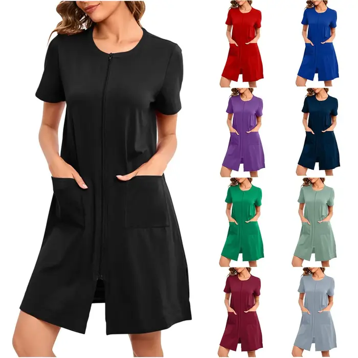 Chemise de nuit zippée sur le devant pour femmes, chemise de nuit à manches courtes, col rond, robe de pyjama courte avec poches, vêtements de nuit At Fit, 2024