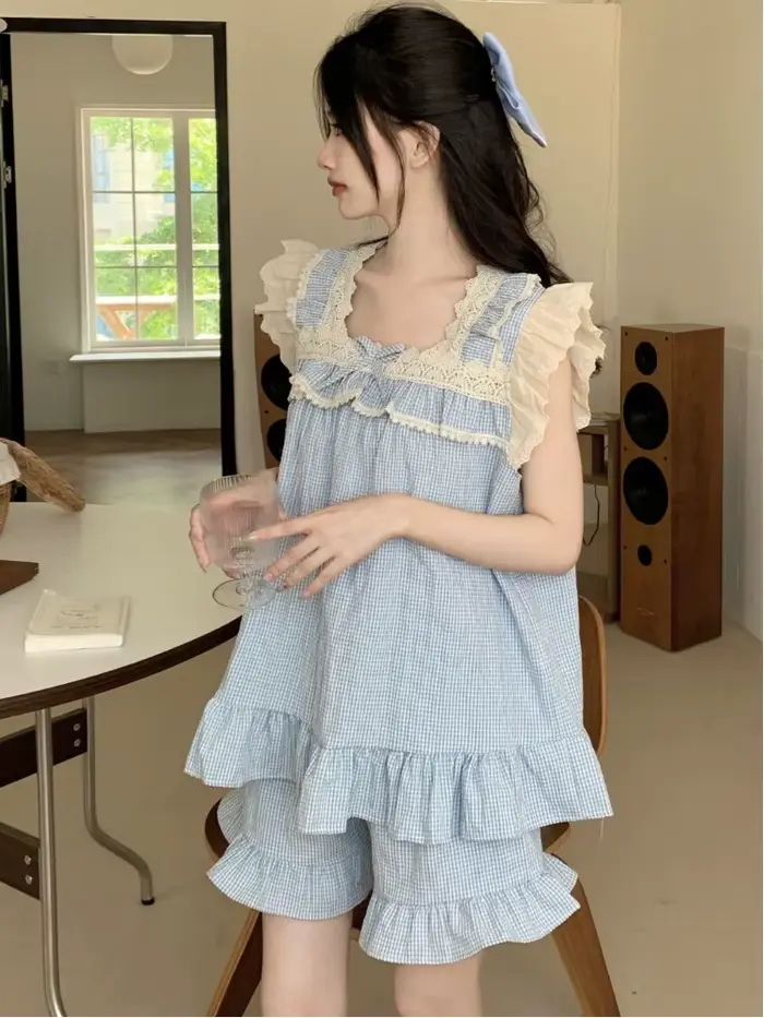 Ensemble de pyjama à volants de style japonais pour femmes, vêtements de nuit à la maison, dortoir étudiant décontracté, conception de nœud doux, mode fille, Kawaii, été