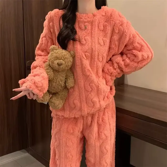 Teplé Jacquard korálové sametové pyžamo, silné podzimní a zimní fleece, příležitostné teplé pyžamo pro pár