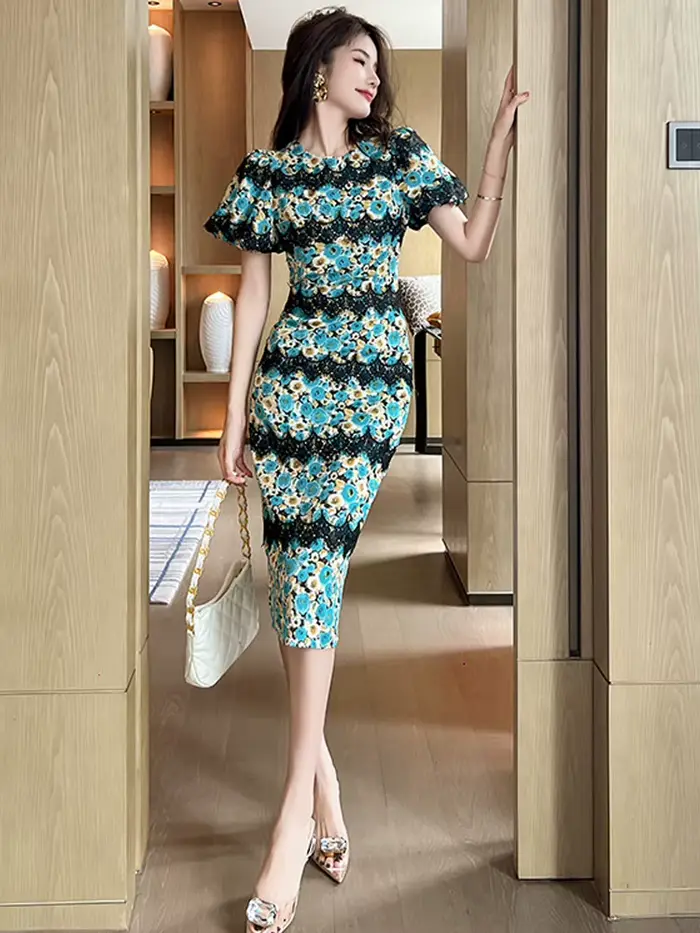 Robe mi-longue élégante pour femmes, rétro, dentelle, Satin, fleurs, longue, douce, fendue, fête, bu