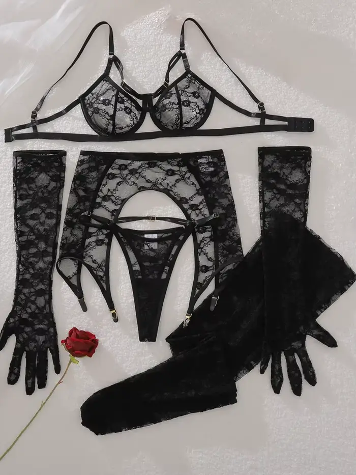Lingerie Belamimi avec gants et bas, soutien-gorge sexy en dentelle transparente, porte-jarretelles 