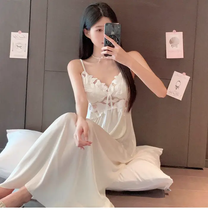 Ensemble de Robe Longue pour Femme, Chemise de Nuit Élégante en Satin Soyeux, Vêtements de Nuit et d