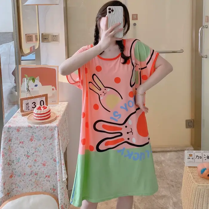 Chemise de nuit d'été et d'automne pour filles, 1 pièce, robe confortable à manches courtes, vêtements de maison pour femmes, pyjama en Polyester