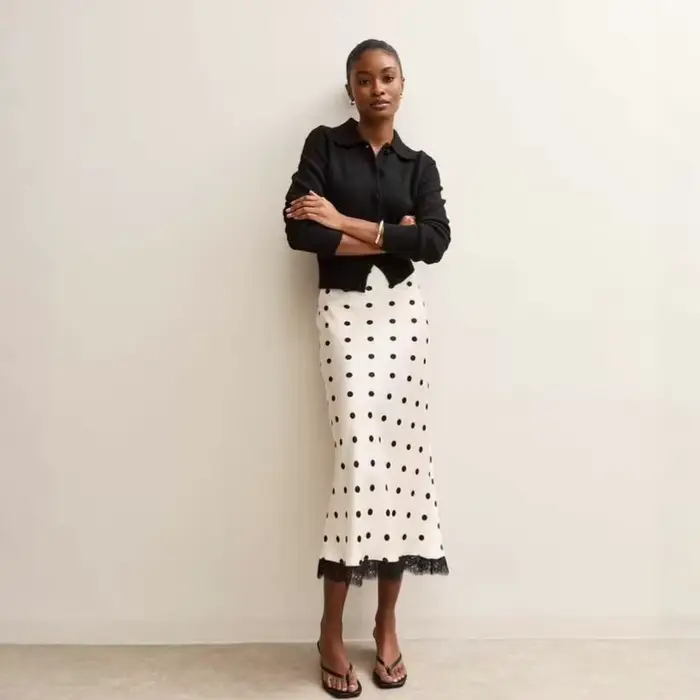 Jupes midi à pois pour femmes, été 2026, taille haute, en satin, patchwork, dentelle, robe décontrac