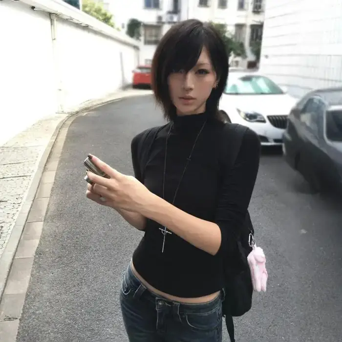 Tonngirls Y2k Japonské tričko pro ženy s dlouhým rukávem černý polorolák