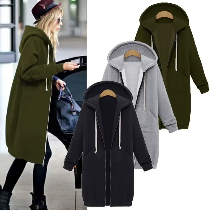 2025 Women's Autumn Winter ThickenHoodies Parkas Loose Hooded Jackets Zipper Pocket Maxi Size Sweats