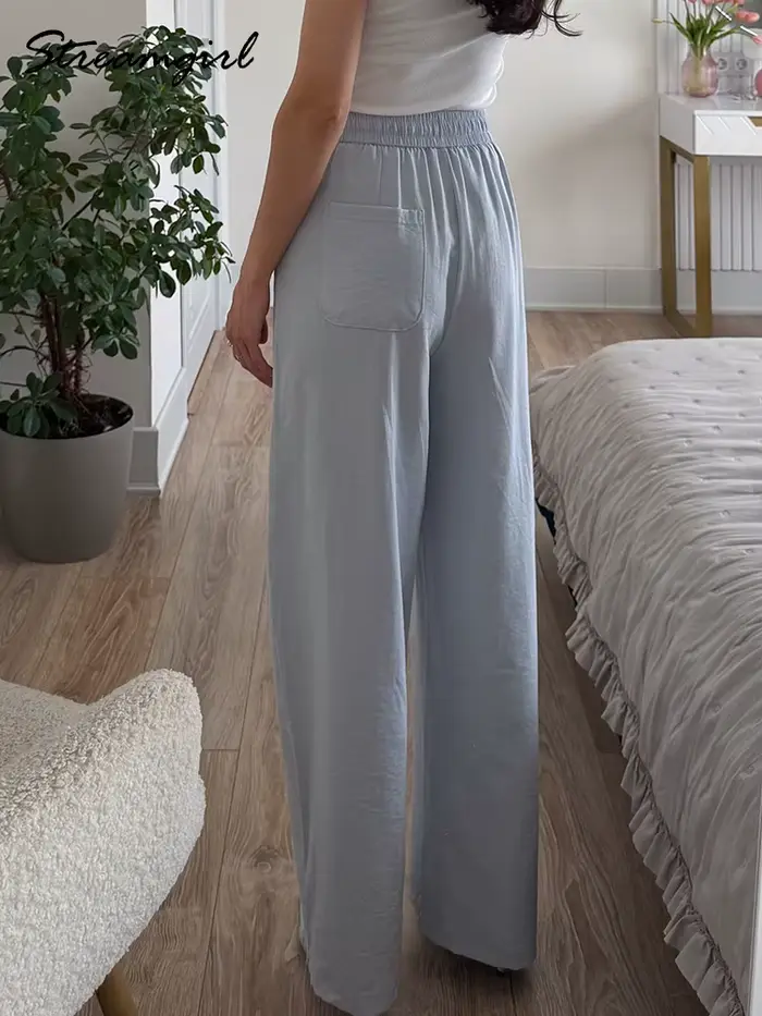 Dámské volné kalhoty z bavlny a hedvábí, modré a bílé, pohodlné a stylové pro léto, příležitostné příležitosti a dárky pro ženy