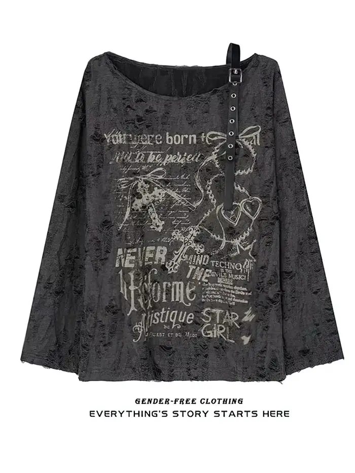 T-shirt vintage Y2K oversize à épaules dénudées avec imprimé, haut déchiré à trous, manches longues,