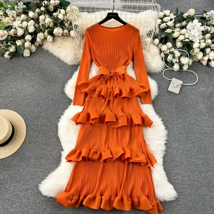 Robe trapèze en mousseline de soie plissée à volants pour femmes, manches longues, élégante, vintage