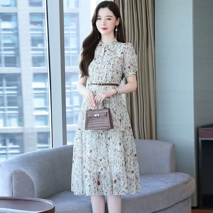 Robe mi-longue en mousseline de soie à fleurs pour femmes, manches courtes, mode décontractée, robe 