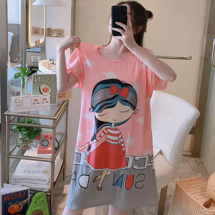 Chemise de nuit à manches courtes pour femmes et filles, chemise de nuit de dessin animé mignon, vêtements de nuit décontractés doux, chemise de nuit d'été, grande taille