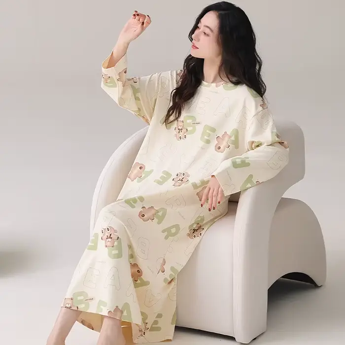 Nouvelle Robe de Nuit Femme 100% Coton, Vêtement de Nuit Mignon à Motifs de Dessins Animés
