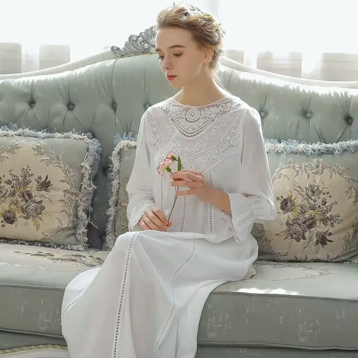 Romantické krajkové noční košile pro ženy, francouzský styl, víla noční košile, elegantní, dlouhé rukávy, bavlna, viktoriánské ležérní oblečení