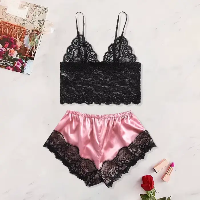 Pyjama Sexy en Dentelle Transparente pour Femme, Noir, Rose, Vêtements Mignons, Confortable, Respirant, Ensemble Short à Bretelles, Nouvelle Collection Été 2025, 2 Pièces