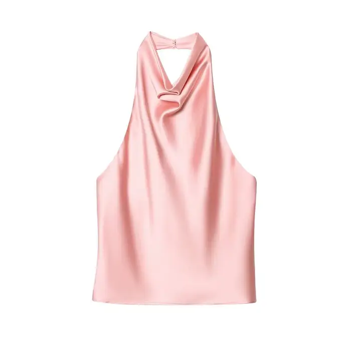 Dámský halter top 2026 – Saténový top s odhalenými zády v černé barvě