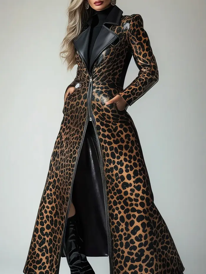 Trench-coat en cuir PU avec poche zippée et motif léopard