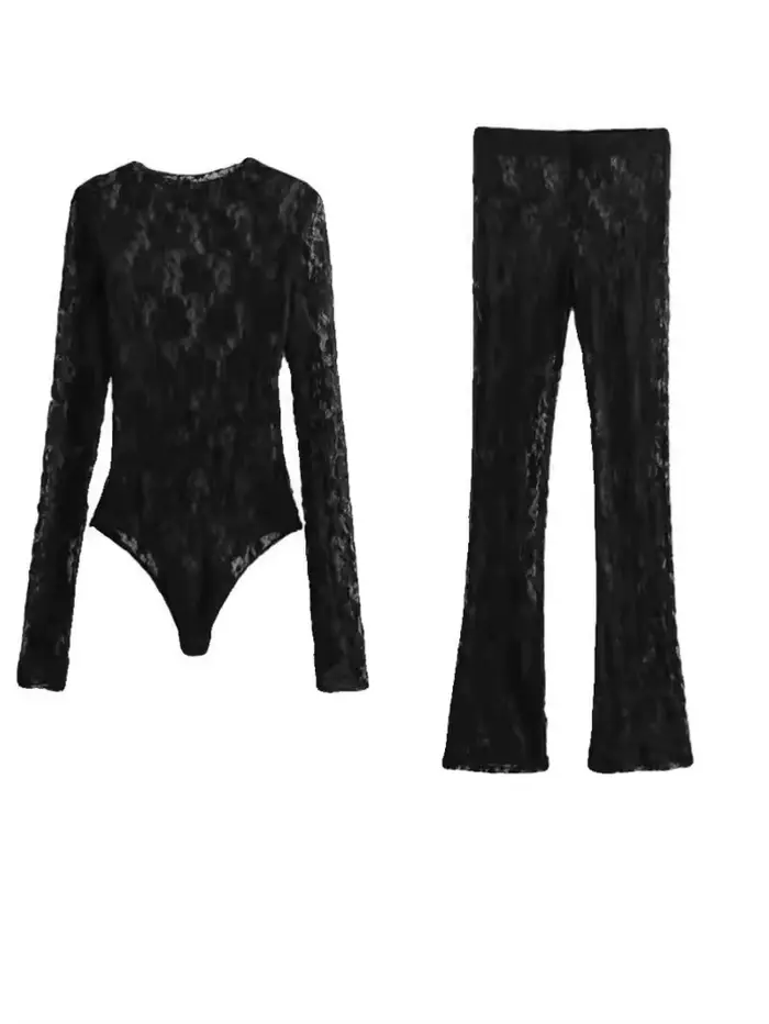 Dámské krajkové body, černé, vystřihnout, kolem krku, dlouhé rukávy, vysoký spandex, sexy spodní prádlo pro tenké ženy, L5QW