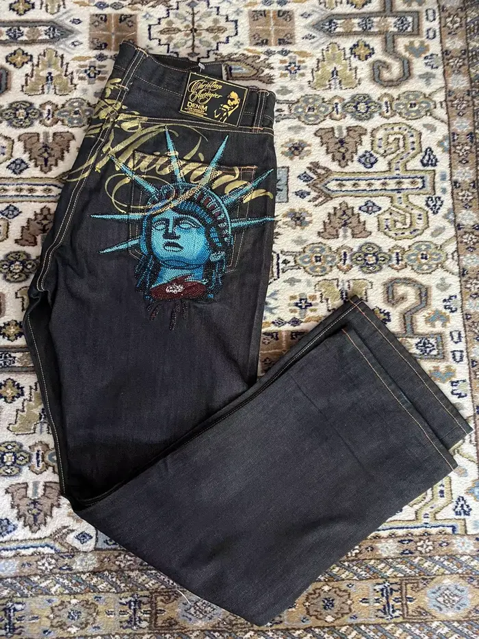Jean décontracté vintage années 2000 avec motif Statue de la Liberté et diamants, taille haute, coup