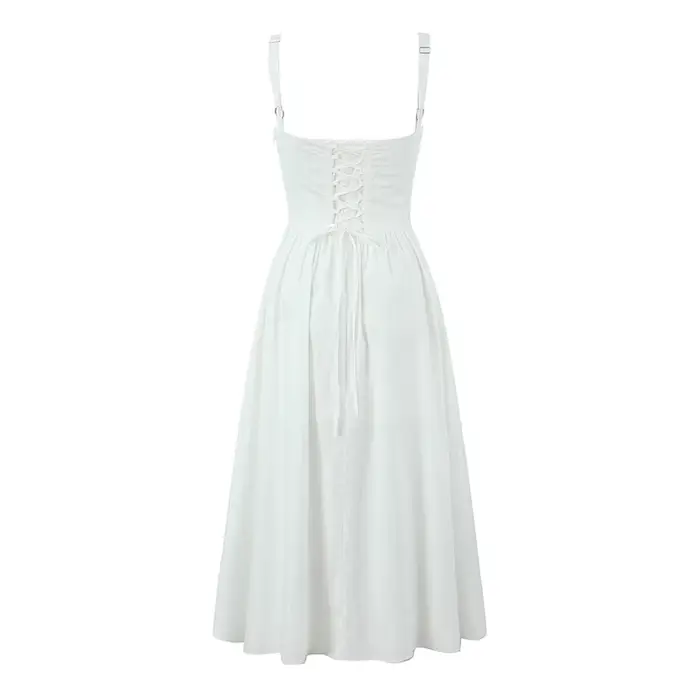 YENKYE-Robe trapèze mi-longue à lacets pour femme, robe en coton, robe fendue sur le devant, robe de