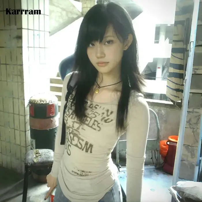 T-shirt à manches longues avec lettre imprimée japonaise, Streetwear rétro américain, Style des anné