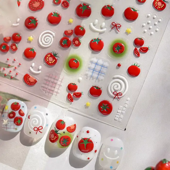 Autocollant pour Nail Art, gelée rouge juteuse, tomate, mignon, nœud papillon, étoile à paillettes, 