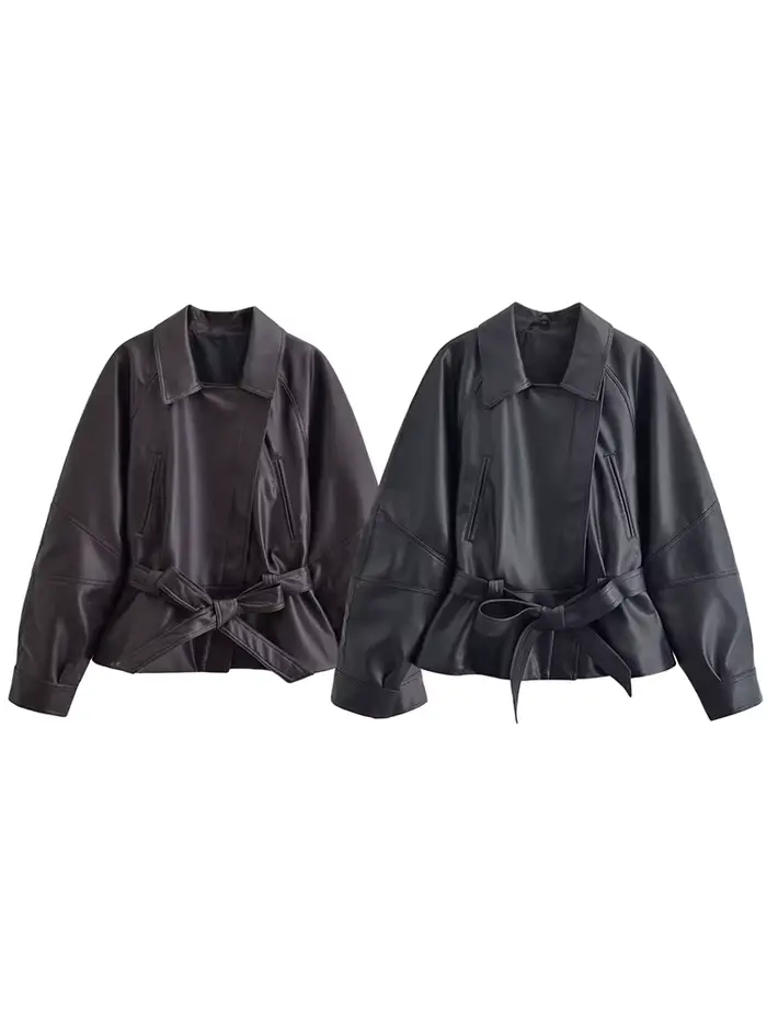 HH Spring Manteau court vintage pour femme en similicuir PU avec ceinture, à manches longues et col 