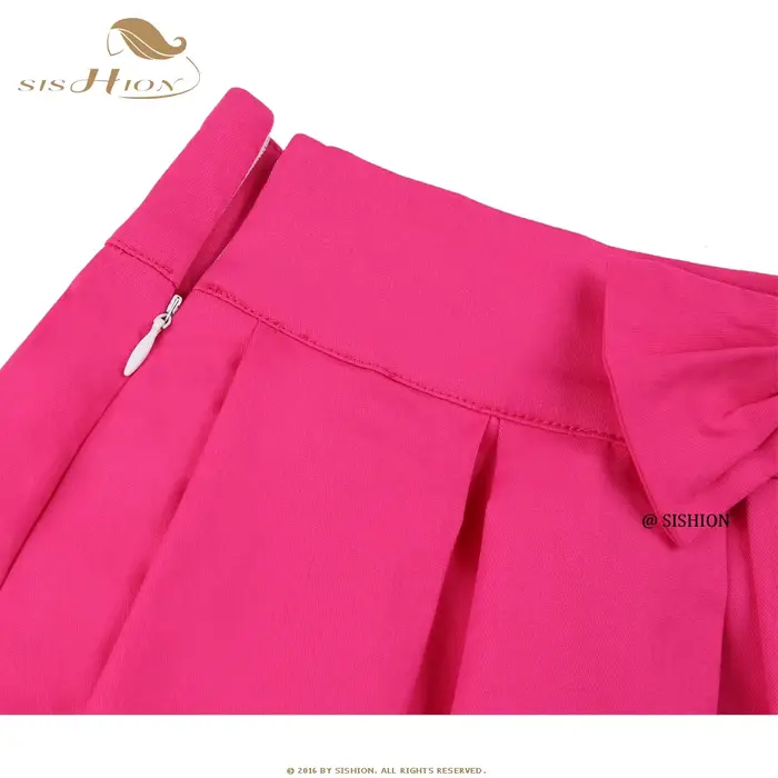 SISHION-Jupe plissée en coton pour femme, couleur unie, rose foncé, rouge, avec nœud, vintage, pour