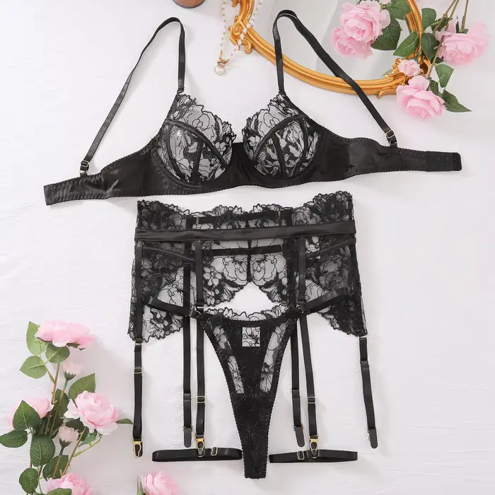 Ensemble de lingerie érotique de luxe pour femmes, dentelle florale brodée, sexy, transparente, push