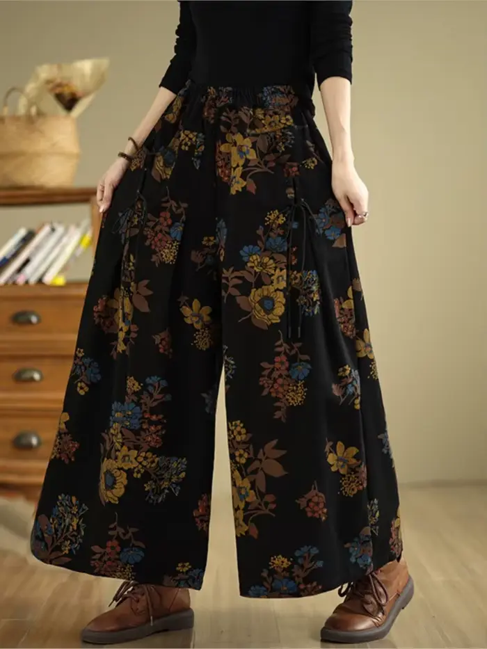 Jean rétro automne fleur imprimé fleuri mode élastique taille haute dames pantalon surdimensionné lo