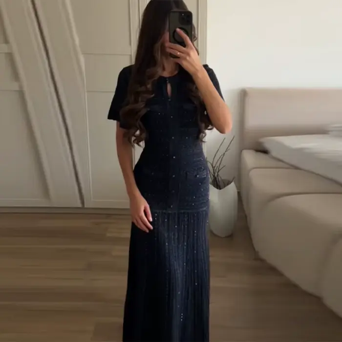 Nouvelle Robe Midi Élégante en Tweed Bleu Marine pour Femme 2026, Manches Courtes, Effet Deux Pièces