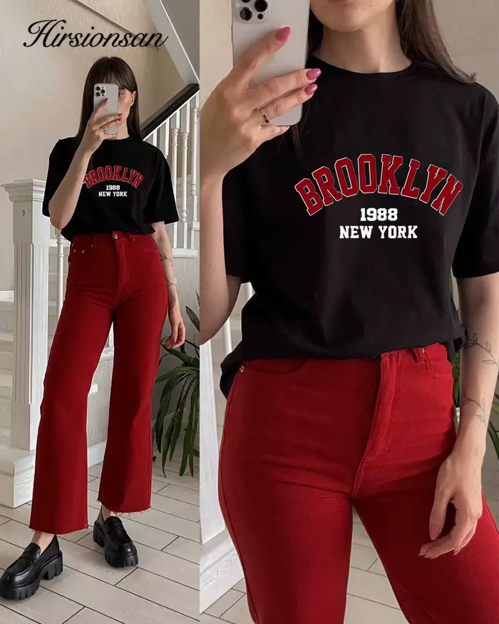 Hirsionsan-T-shirt imprimé lettre pour femme, 100% coton, style américain, t-shirts basiques, haut d