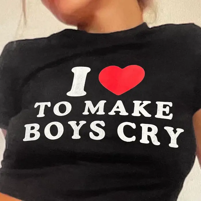T-shirt manches courtes femme, streetwear, estival et slim, avec lettres I Love to Make Boy Cry impr