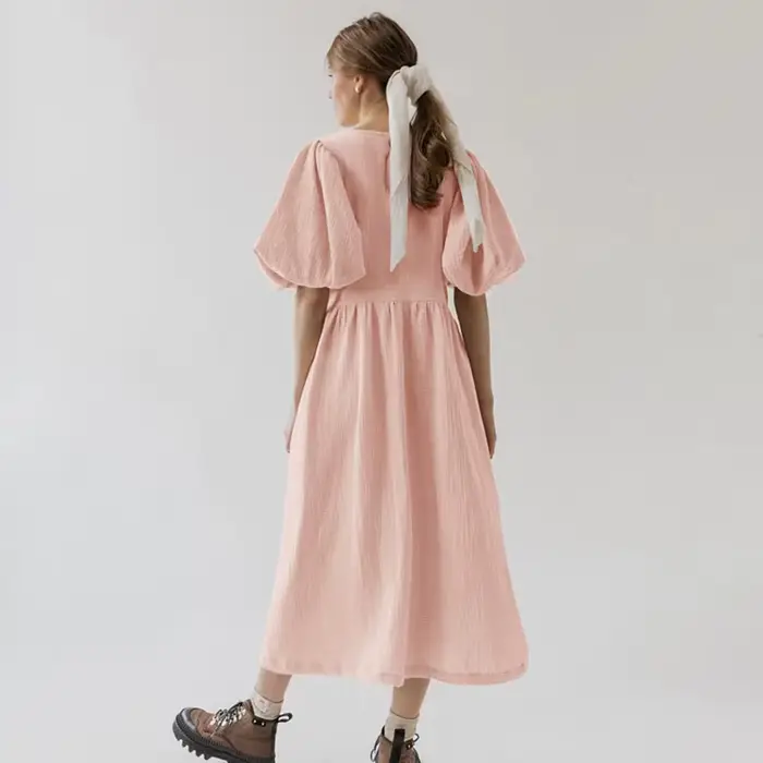 Robe longue vintage à manches bouffantes pour femme, mousseline, pansement, gaze, col en V, bandage,