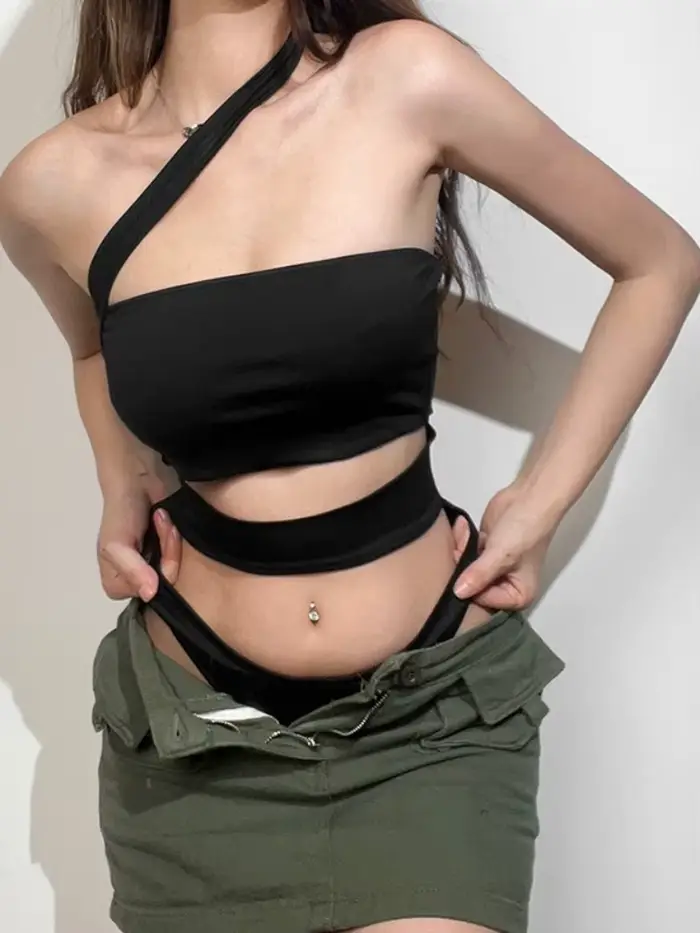 Body noir uni, Lingerie Sexy pour femmes, tenue de Club, col incliné, une pièce, ajouré, vêtements Y2k