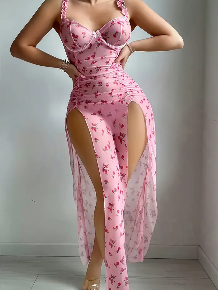 Dvoudílné růžové sexy prádlo pro ženy, dlouhé šaty na Valentýna, tanga