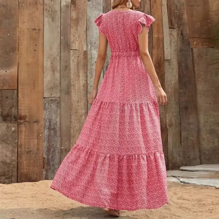Robe longue d'été pour femmes européennes et américaines, col en V, taille haute, imprimé floral, st