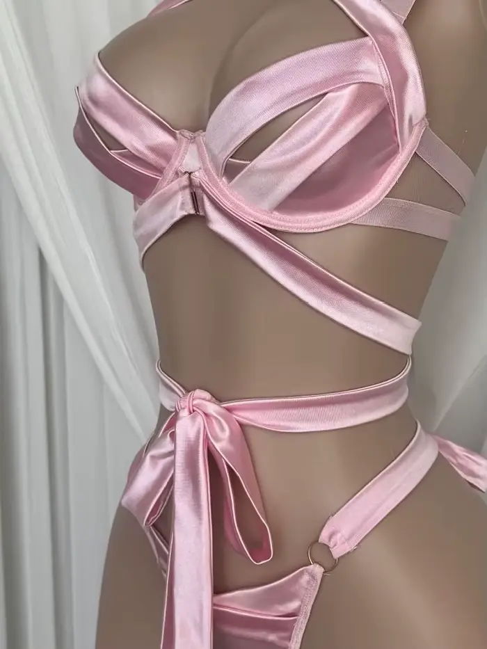 Belamimi – ensemble de lingerie rose de luxe pour femmes, design à nœud papillon croisé au dos, soutien-gorge et culotte sexy en soie, vêtements de nuit intimes élégants