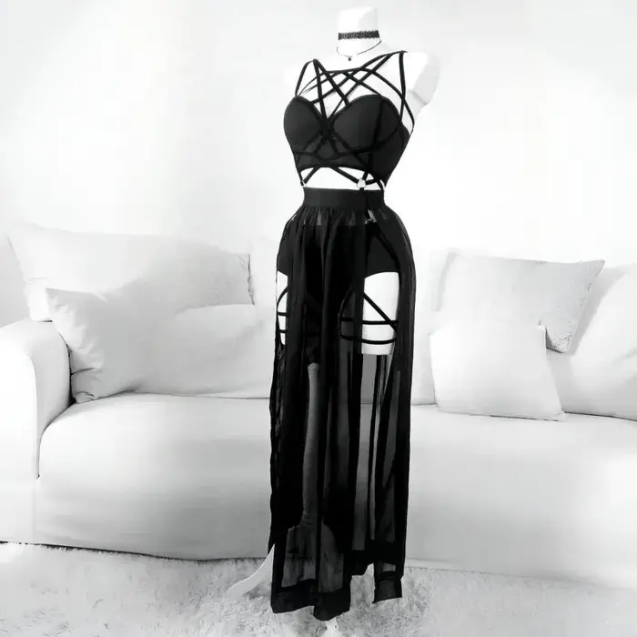 Ensemble de lingerie 3 pièces sexy pour femme, style gothique, érotique, Emo, Alt Punk, avec haut court dos nu en maille transparente et jupe taille haute