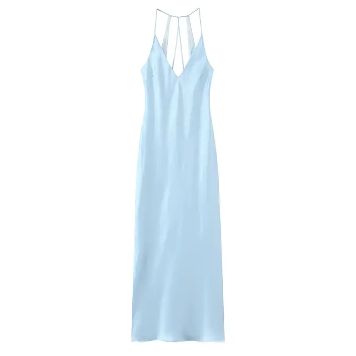 HH femmes été nouvelle Lingerie soie Satin Texture Midi robe longue femme Chic col en v Sexy sans ma