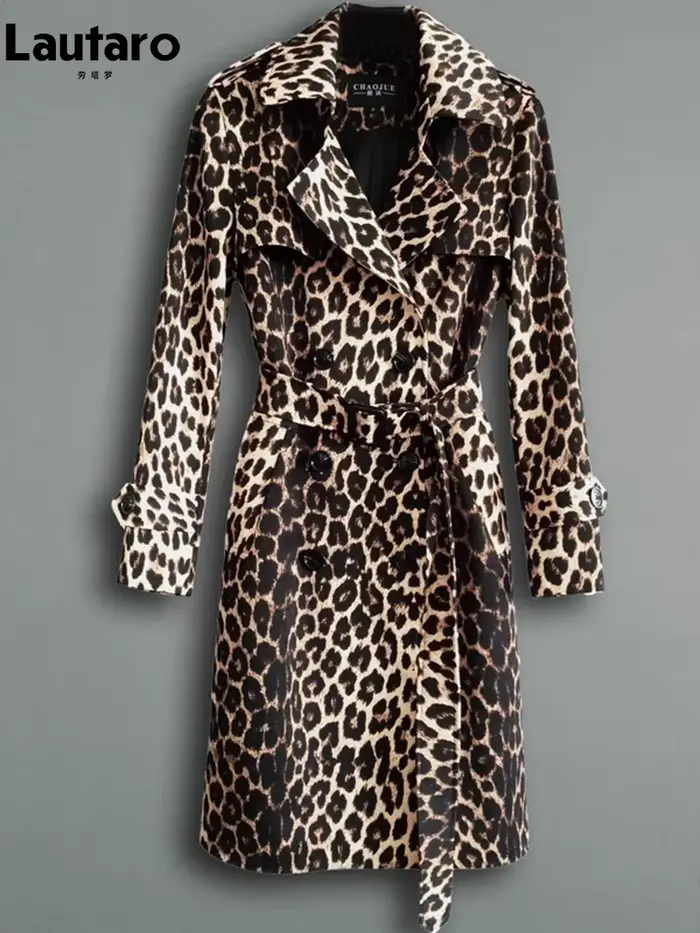 Lautaro printemps automne longue élégant imprimé léopard Trench manteau pour femmes ceinture Double 