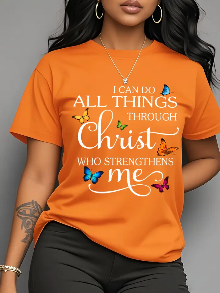 Dámské tričko „I Can Do All Things Through Christ“ – Křesťanský motiv motýla