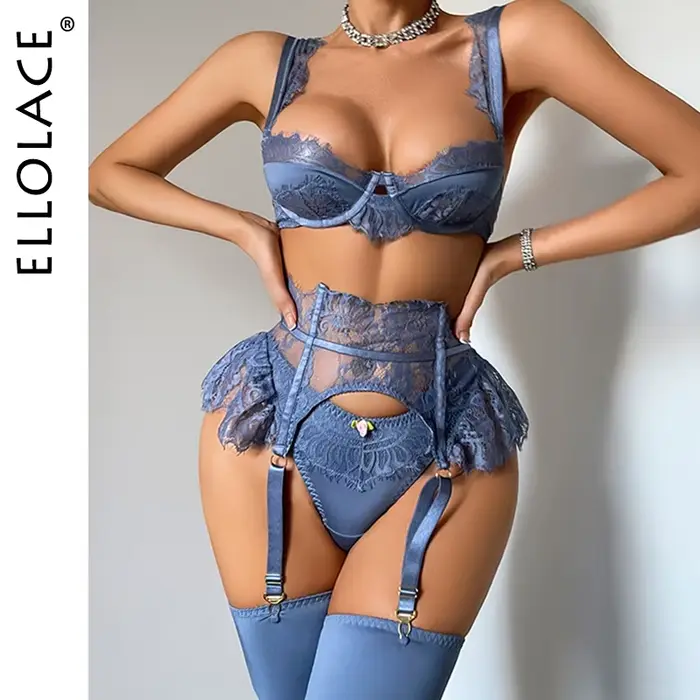 Ellolace – Nouveaux ensembles de lingerie premium pour femmes : soutien-gorge à volants exclusif, string et bas 3 pièces – Vêtements intimes sensuels en dentelle charmante