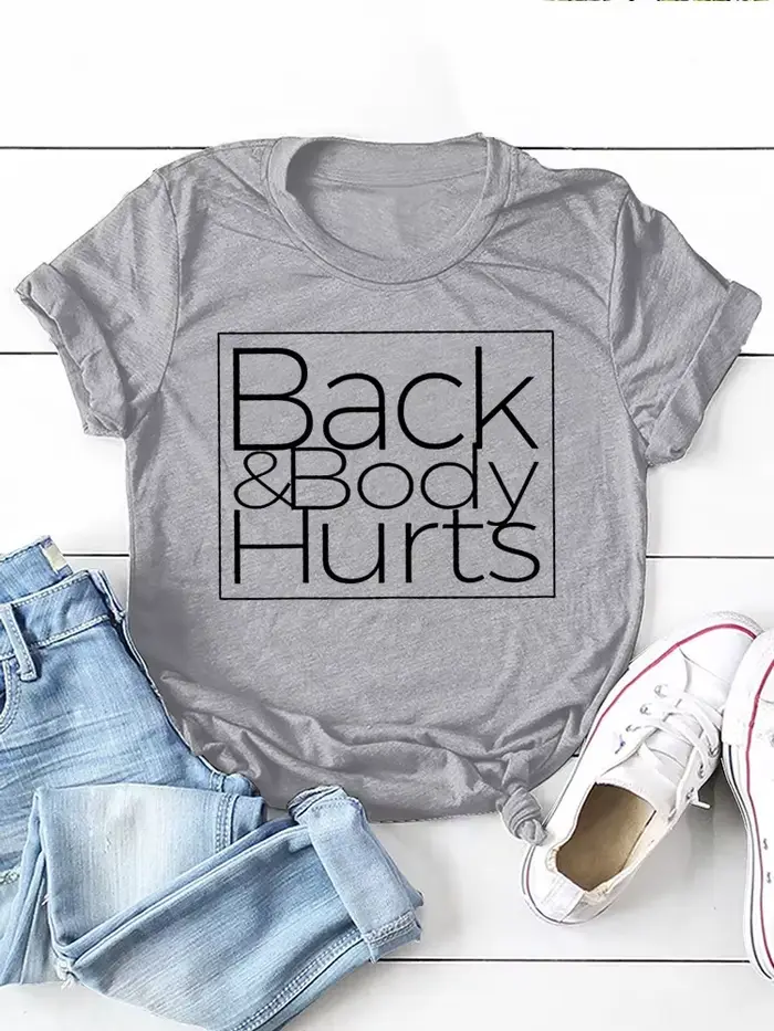 T-shirt à manches courtes et col rond pour femmes, ample, avec imprimé de lettres, dos et corps bles