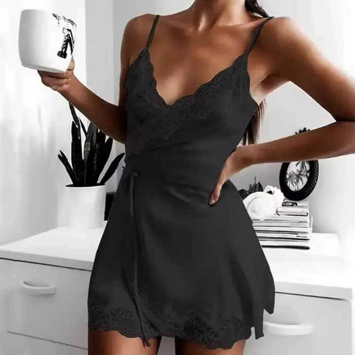 Chemise de nuit pour femmes, lingerie sexy confortable pour l'été, pyjama en satin de soie et dentelle, mini-ensemble de pyjama, robe de nuit sexy pour adultes