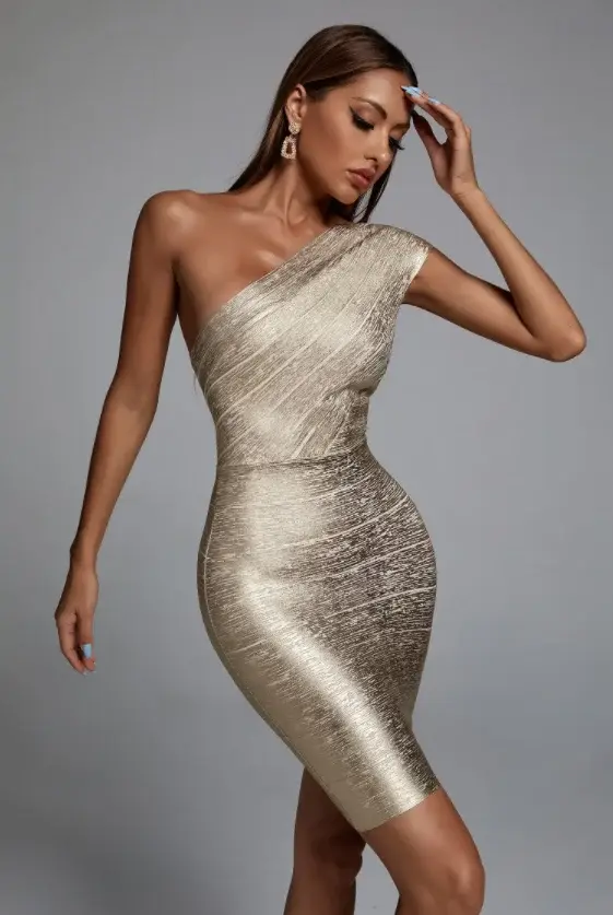 Haute qualité célébrité une épaule Foiling or imprimé rayonne robe de pansement élégant Club robe de