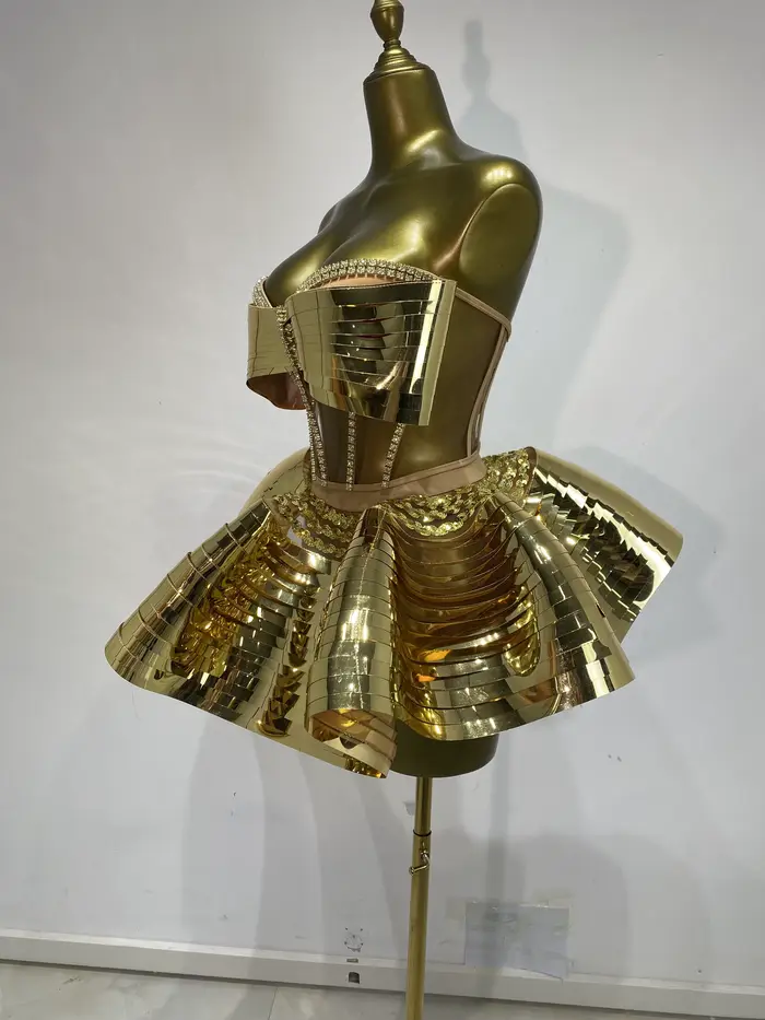 Disco tanečnice kostýmy, Bustier zrcadlo pozlacené, horní korzet a Mini nafouknutá sukně, 2 kusy, večerní oblečení Sexy Ses Y2k