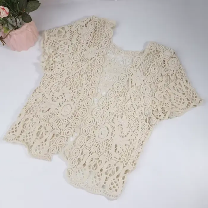 Femmes manches courtes Crochet haussements d'épaules évider fleur dentelle ouvert devant recadrée Ca