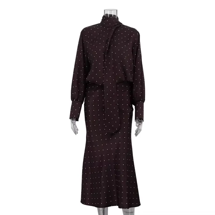 Ensemble jupe deux pièces en Satin imprimé à pois, chemise à manches longues à lacets + jupe mi-long